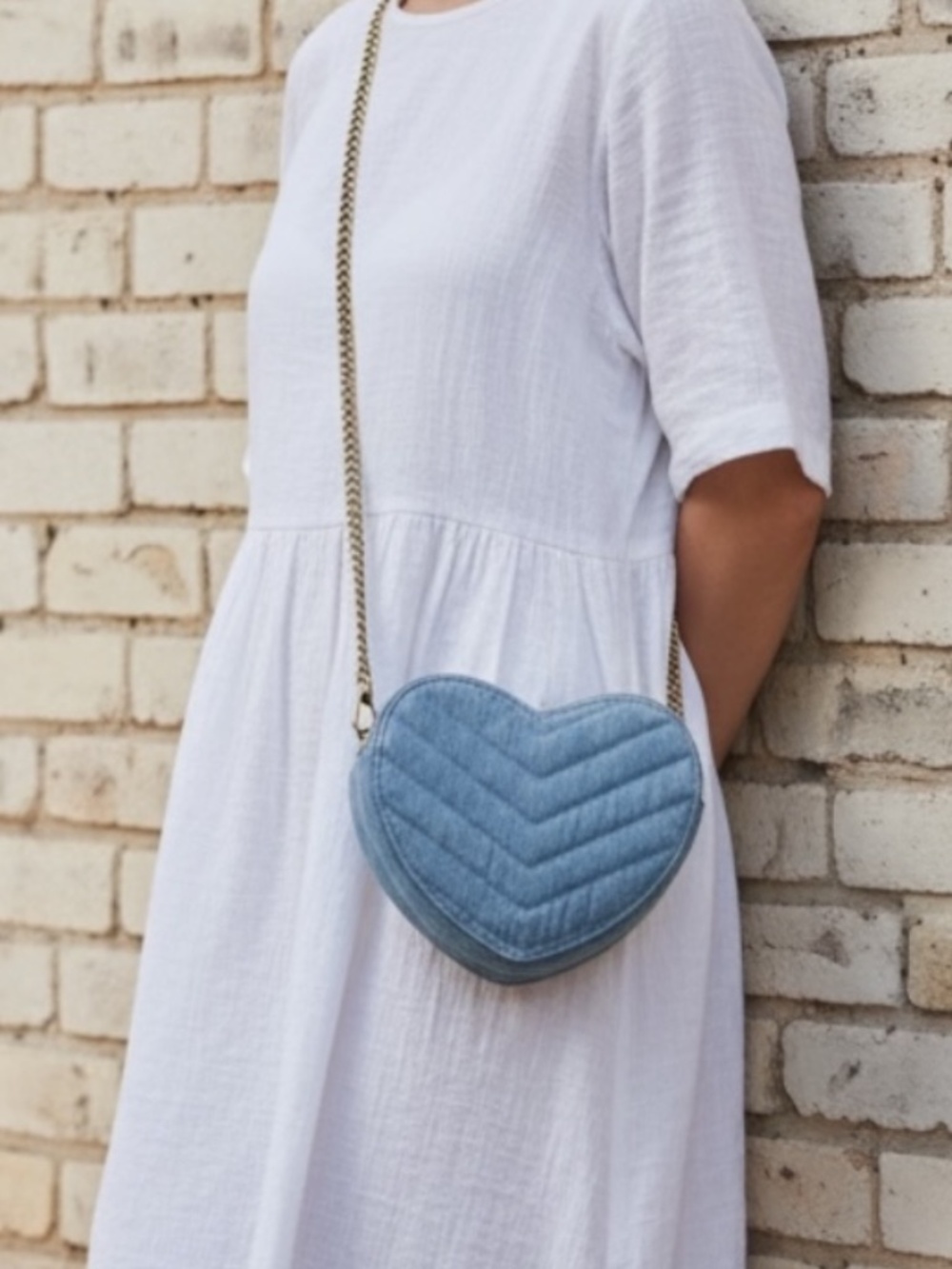 Heart Shaped Denim Crossbody Bag Quilted Blue w Chain & Extra Straps